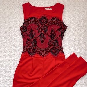 Miss One Red Sleeveless Romper Black Lace Overlay